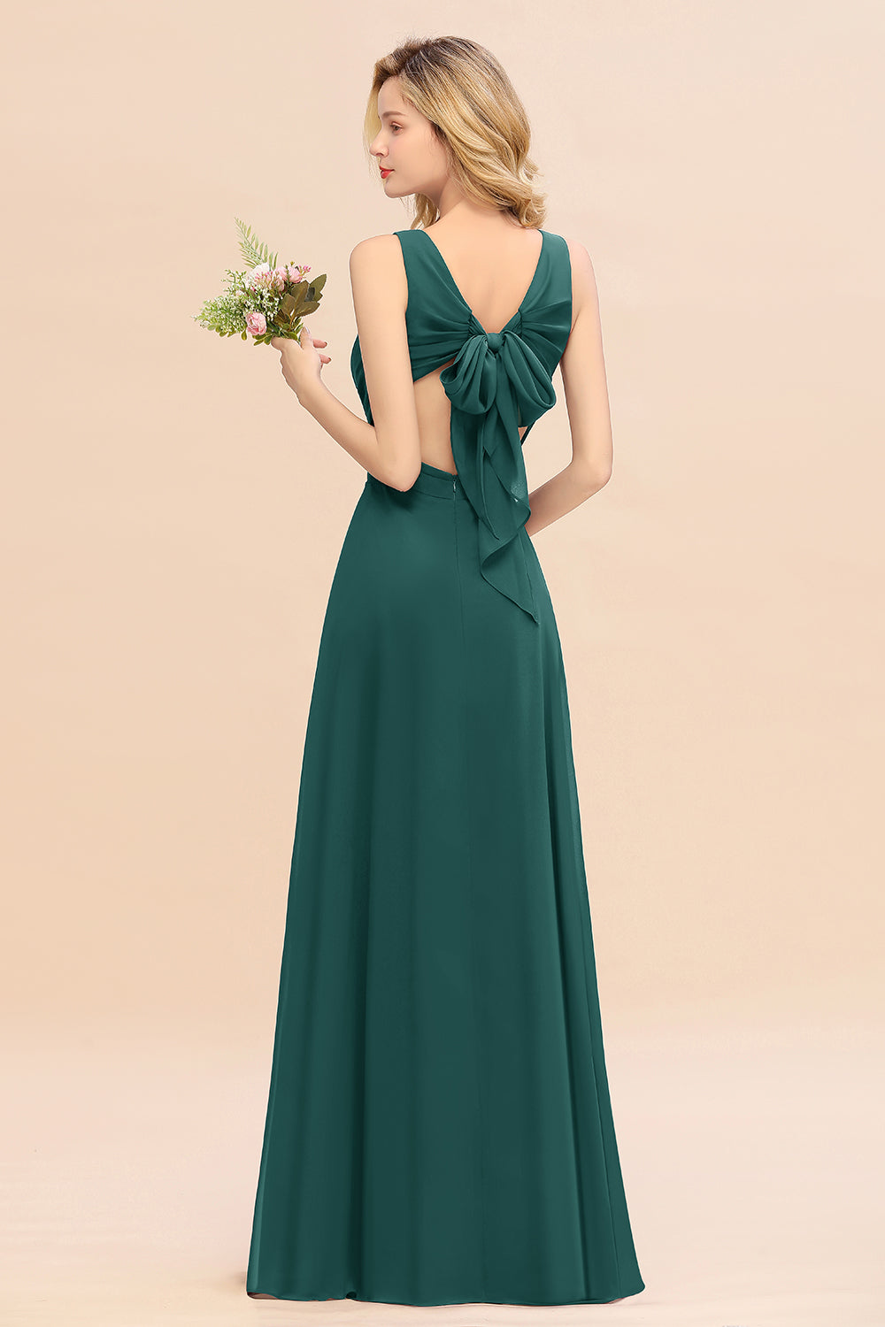 Affordable V-Neck Ruffle Long Grape Chiffon Bridesmaid Dress with Bow