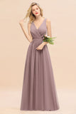 Affordable V-Neck Ruffle Long Grape Chiffon Bridesmaid Dress with Bow