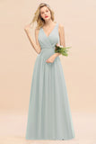 Affordable V-Neck Ruffle Long Grape Chiffon Bridesmaid Dress with Bow