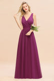 Affordable V-Neck Ruffle Long Grape Chiffon Bridesmaid Dress with Bow