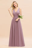 Affordable V-Neck Ruffle Long Grape Chiffon Bridesmaid Dress with Bow