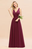 Affordable V-Neck Ruffle Long Grape Chiffon Bridesmaid Dress with Bow