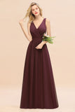 Affordable V-Neck Ruffle Long Grape Chiffon Bridesmaid Dress with Bow