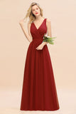 Affordable V-Neck Ruffle Long Grape Chiffon Bridesmaid Dress with Bow