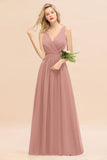 Affordable V-Neck Ruffle Long Grape Chiffon Bridesmaid Dress with Bow