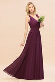 Affordable V-Neck Ruffle Long Grape Chiffon Bridesmaid Dress with Bow