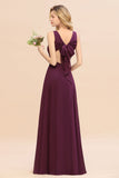 Affordable V-Neck Ruffle Long Grape Chiffon Bridesmaid Dress with Bow