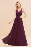 Affordable V-Neck Ruffle Long Grape Chiffon Bridesmaid Dress with Bow