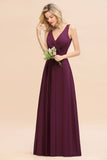Affordable V-Neck Ruffle Long Grape Chiffon Bridesmaid Dress with Bow