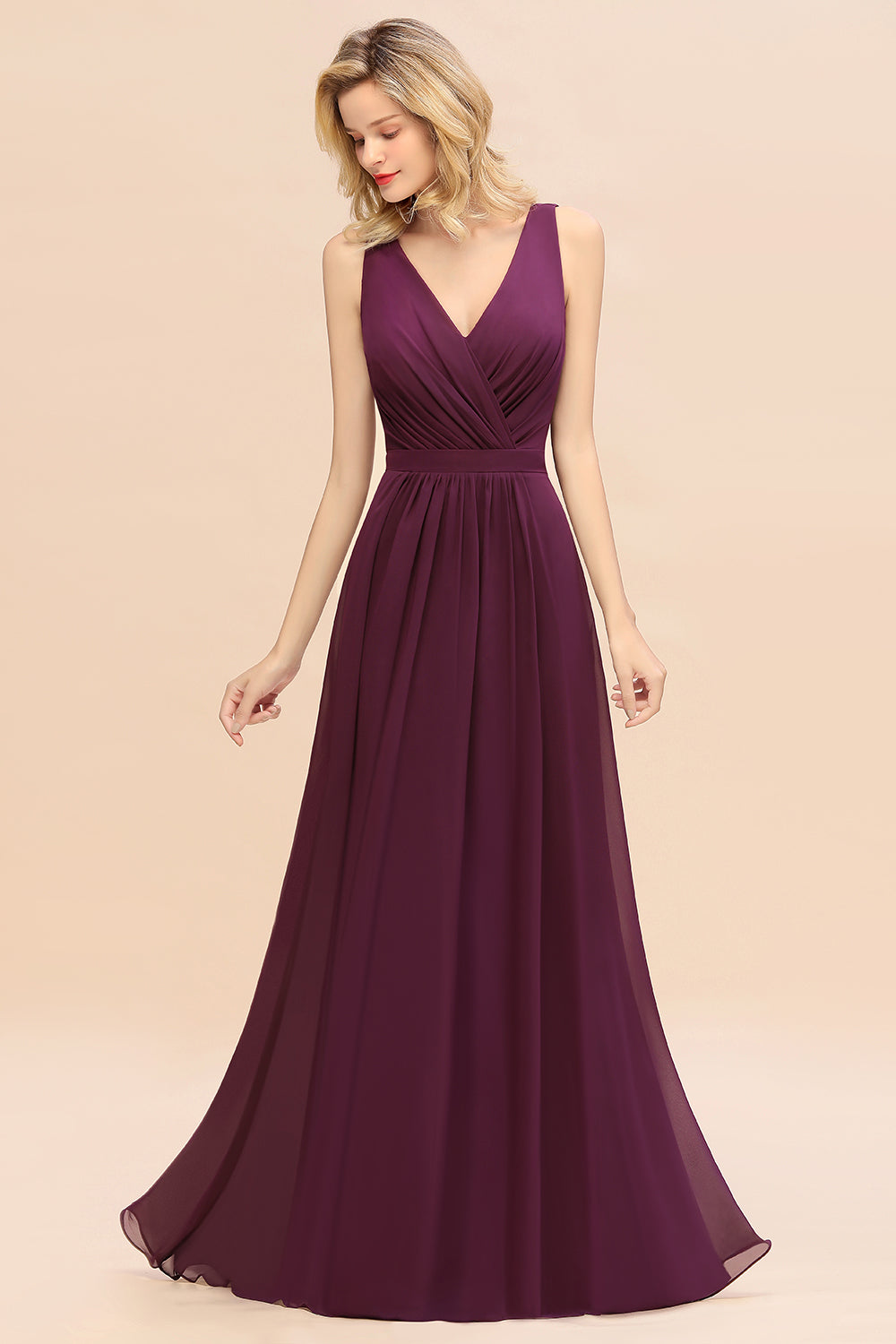 Affordable V-Neck Ruffle Long Grape Chiffon Bridesmaid Dress with Bow