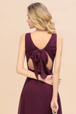 Affordable V-Neck Ruffle Long Grape Chiffon Bridesmaid Dress with Bow