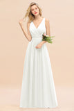 Affordable V-Neck Ruffle Long Grape Chiffon Bridesmaid Dress with Bow