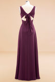 Affordable V-Neck Ruffle Long Grape Chiffon Bridesmaid Dress with Bow
