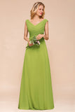 Affordable V-Neck Sleeveless Green Chiffon Bridesmaid Dress Online