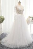 Affordable White Tulle Ruffles Lace Wedding Dresses Jewel Longsleeves Bridal Gowns With Appliques On Sale