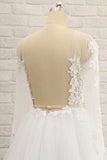 Affordable White Tulle Ruffles Lace Wedding Dresses Jewel Longsleeves Bridal Gowns With Appliques On Sale