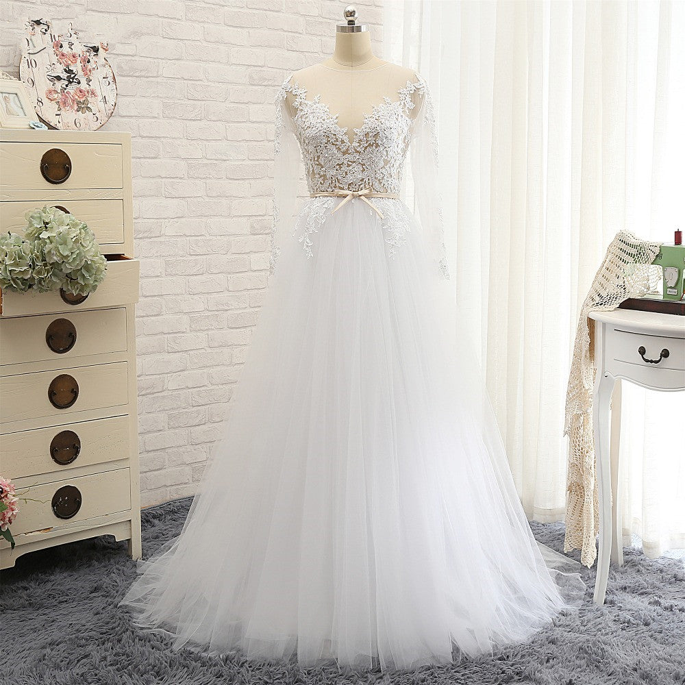 Affordable White Tulle Ruffles Lace Wedding Dresses Jewel Longsleeves Bridal Gowns With Appliques On Sale