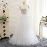 Affordable White Tulle Ruffles Lace Wedding Dresses Jewel Longsleeves Bridal Gowns With Appliques On Sale