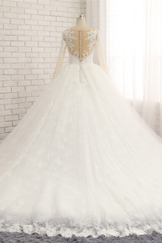 Affordable White Tulle Ruffles Wedding Dresses Jewel Longsleeves Lace Bridal Gowns With Appliques Online