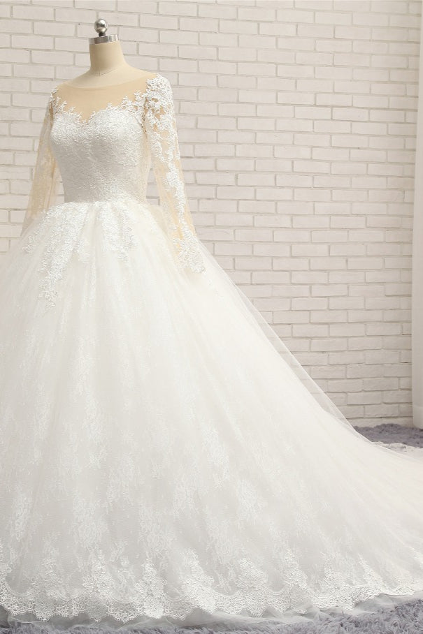 Affordable White Tulle Ruffles Wedding Dresses Jewel Longsleeves Lace Bridal Gowns With Appliques Online