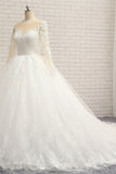 Affordable White Tulle Ruffles Wedding Dresses Jewel Longsleeves Lace Bridal Gowns With Appliques Online