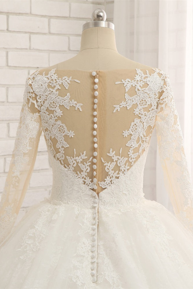 Affordable White Tulle Ruffles Wedding Dresses Jewel Longsleeves Lace Bridal Gowns With Appliques Online