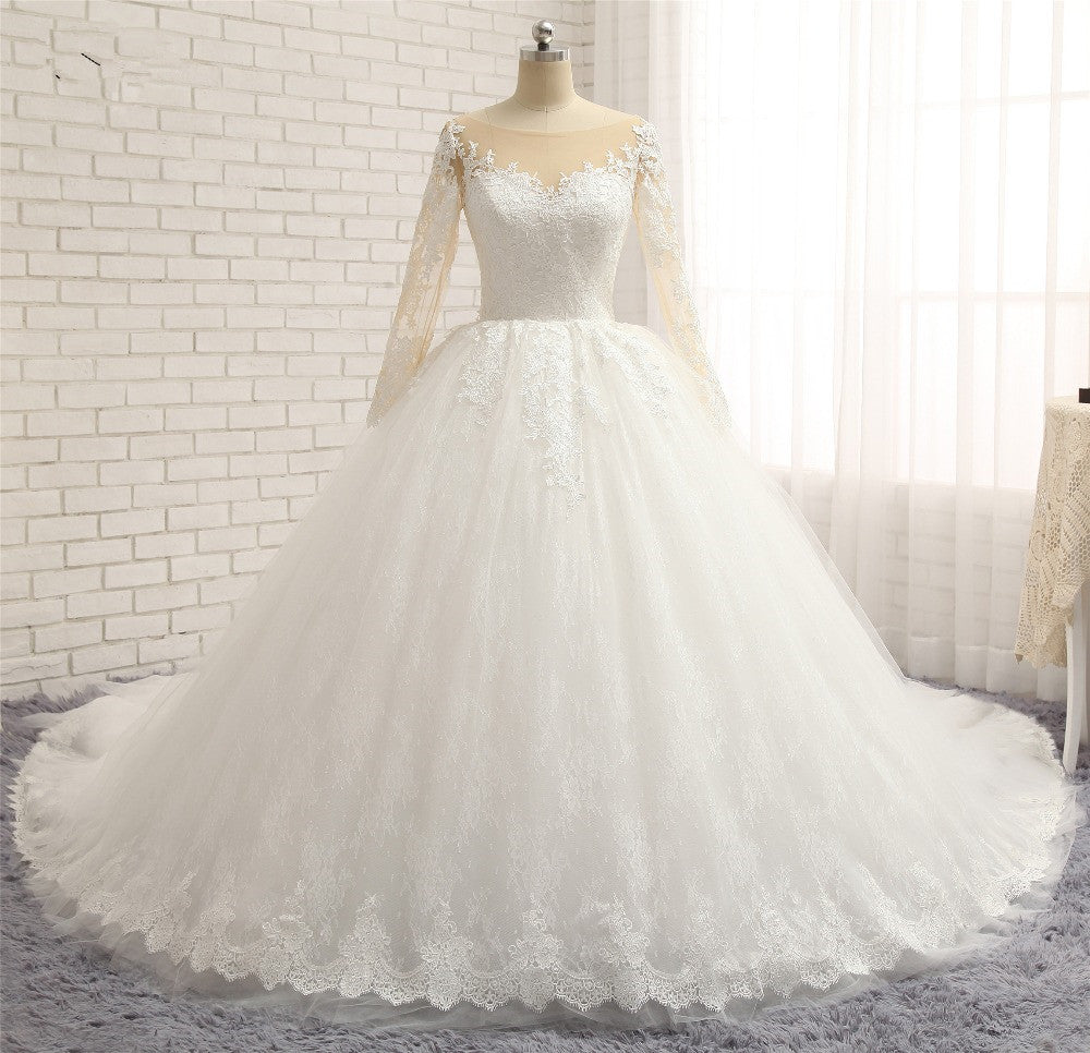 Affordable White Tulle Ruffles Wedding Dresses Jewel Longsleeves Lace Bridal Gowns With Appliques Online