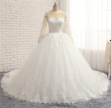 Affordable White Tulle Ruffles Wedding Dresses Jewel Longsleeves Lace Bridal Gowns With Appliques Online