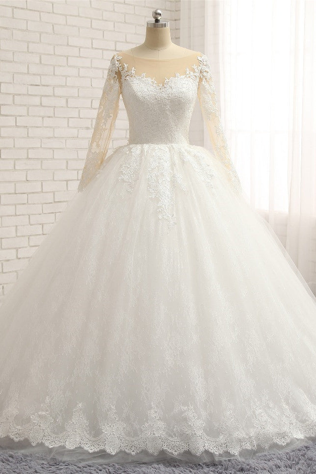 Affordable White Tulle Ruffles Wedding Dresses Jewel Longsleeves Lace Bridal Gowns With Appliques Online