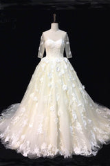 AffordableBeautiful Ivory Lace Sweep Train Wedding Dresses Half Sleeves Appliques Bridal Gowns On Sale
