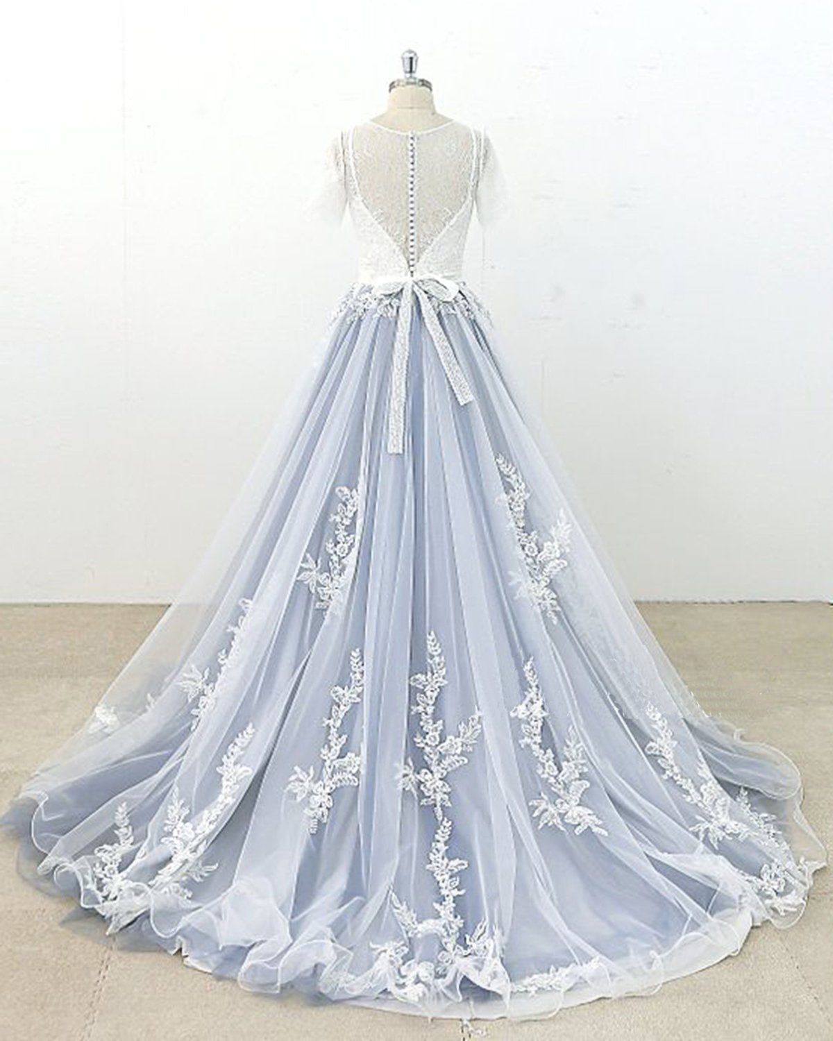 AffordableBlue Gray Tulle Ivory Lace Wedding Dress Short Sleeve Beach Bridal Gowns On Sale