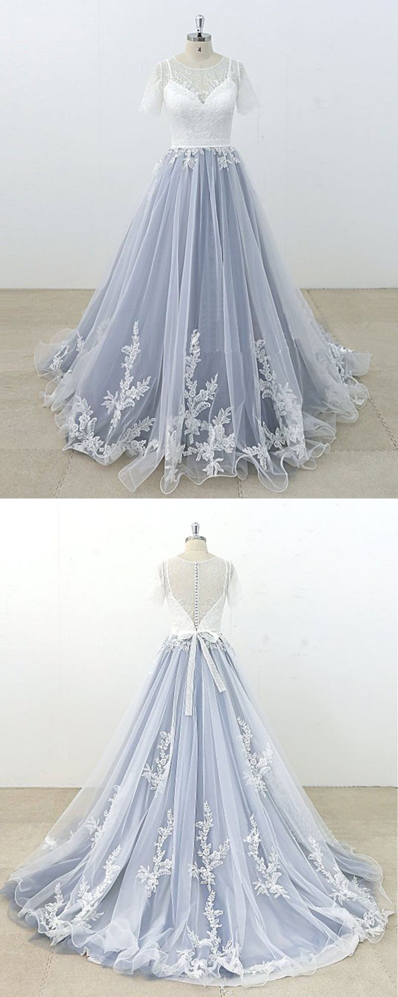 AffordableBlue Gray Tulle Ivory Lace Wedding Dress Short Sleeve Beach Bridal Gowns On Sale