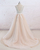 AffordableBlush Pink Tulle Wedding Dress Ivory Lace V-Neck Vintage Bridal Gowns On Sale