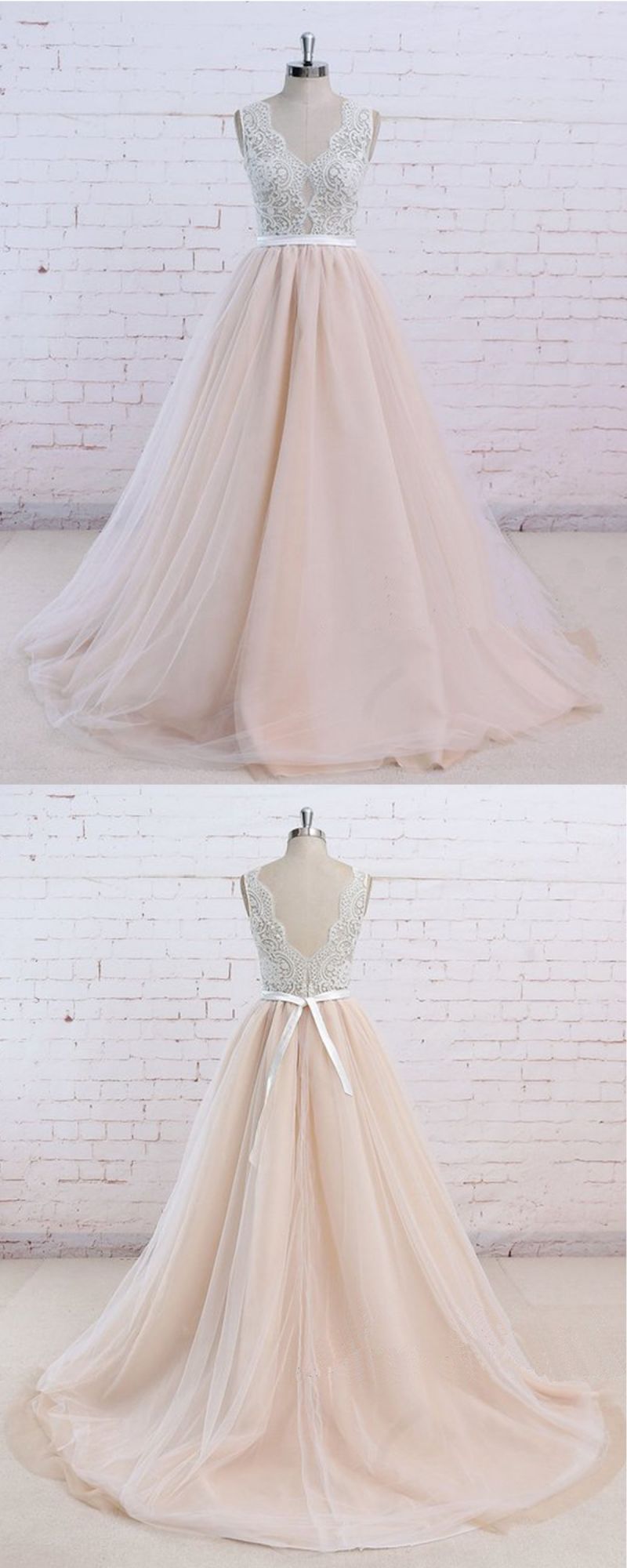 AffordableBlush Pink Tulle Wedding Dress Ivory Lace V-Neck Vintage Bridal Gowns On Sale