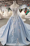 AffordableLight Blue Satin Sweep Train Wedding Dress Off Shoulder Sleeveless Bridal Gowns On Sale