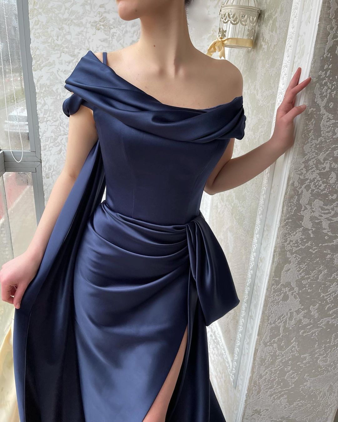 navy blue off the shoulder mermaid prom dress Sparkling Off-Shoulder Mermaid Prom Dress with Slit and Lace Applique Bodice - Elegant Satin Bottom 22188