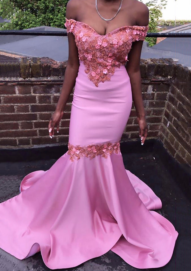 Amazing Off-the-Shoulder Court Train Prom Dress/Evening Dress with Beading Flowers and Trumpet/Mermaid Silhouette