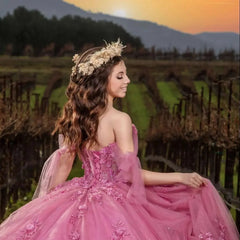 Off-Shoulder Ball Gown with 3D Floral Lace Appliques Perfect for Quinceanera & Sweet 16 Celebrations