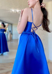 Ankle-Length Satin Prom Dress/Evening Dress with A-Line Square Neckline and Spaghetti Straps Waistband