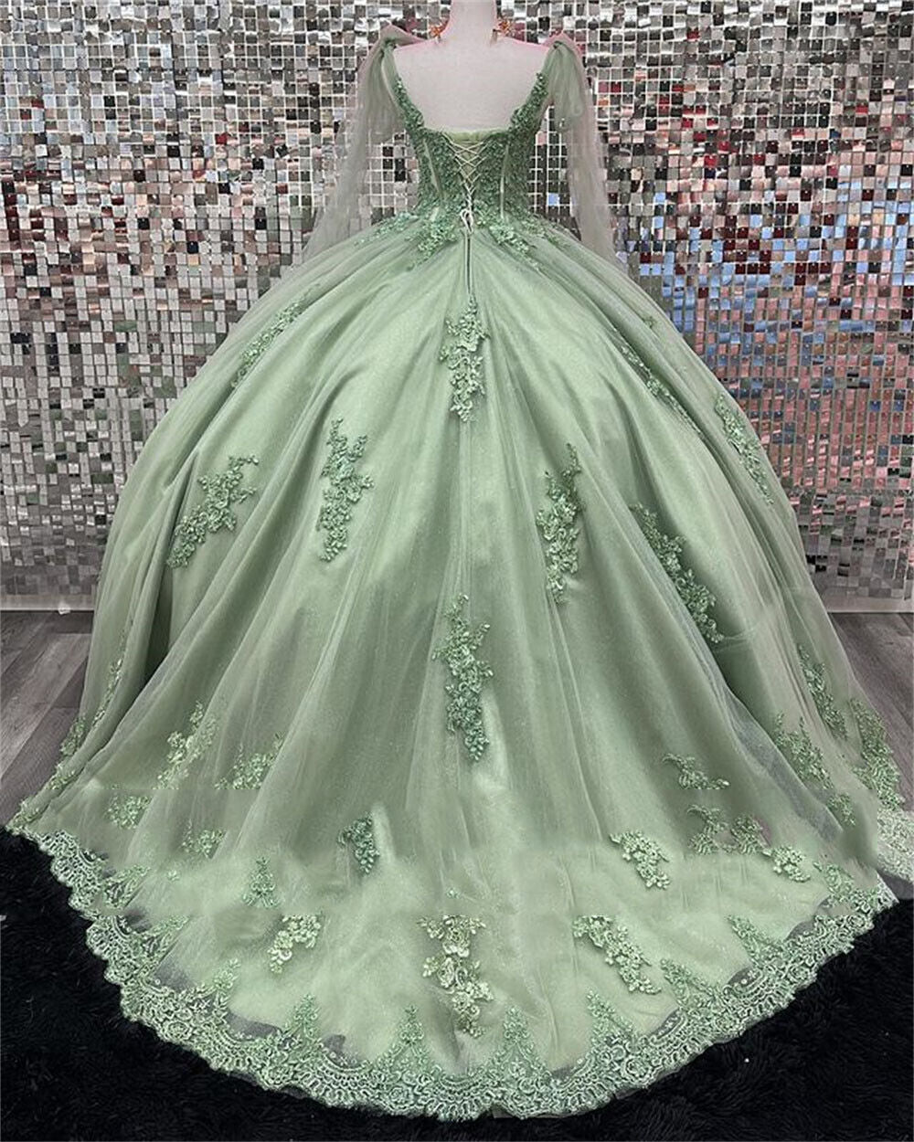 Exquisite Strapless Green Tulle Ball Gown with Appliques Perfect for Quinceanera & Sweet 16 Celebrations