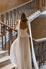 White Strapless Sleeveless Long Formal Dress With Pleated Ruffles