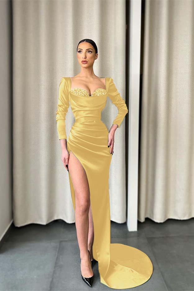 Newinlook Dark Green Long Sleeves Evening Dress Split With Sequins
