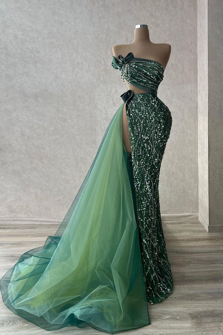 Tulle Strapless Sleeveless High Split Long Formal Dress With Beading