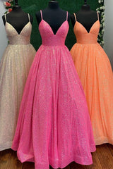 Shining Sequins V-Neck Spaghetti Strap Sleeveless Long A Line Formal Dress