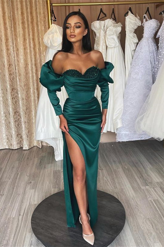 Newinlook Dark Green Sweetheart Slit Long Mermaid Evening Dress With Long Sleeves Sequins