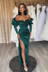 Newinlook Dark Green Sweetheart Slit Long Mermaid Evening Dress With Long Sleeves Sequins
