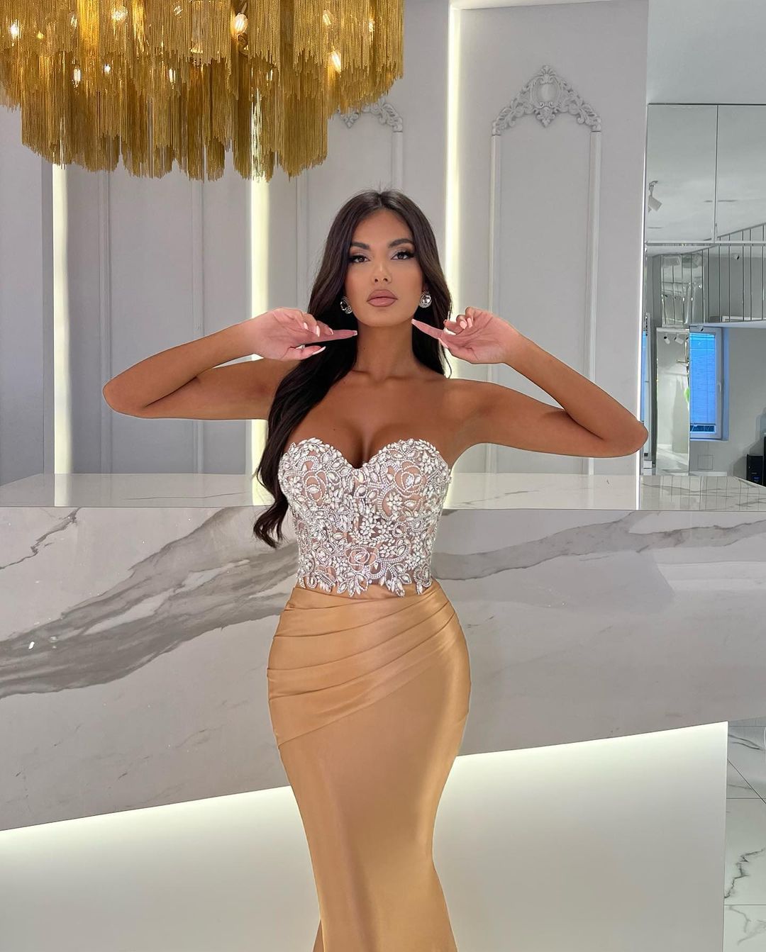 Formal Dress Satin Gold Sweetheart Sleeveless Strapless With Rhinstone Mermaid