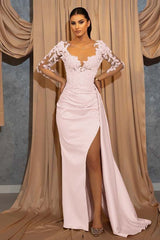 Deep V Neck Beads Long Sleeves Lace Appliques Pleated Formal Dress With Ruffles