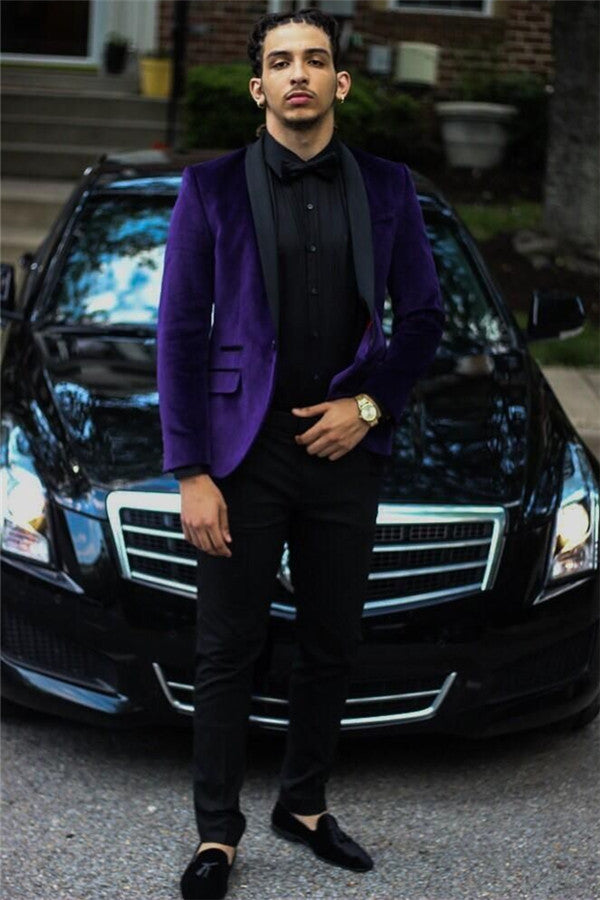 Newinlook Elegant Purple Velvet Two-Piece Wedding Suit with Black Lapel