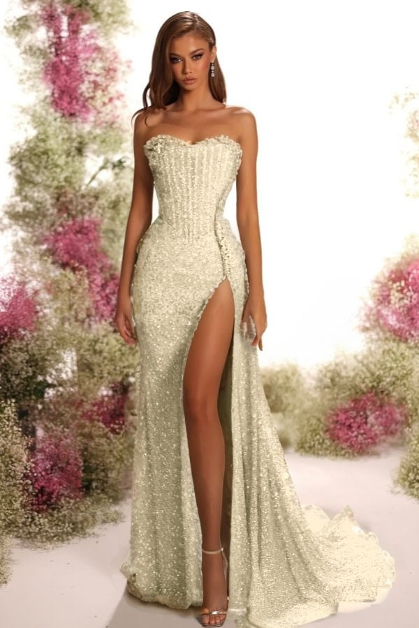 Strapless Sleeveless Long Split Formal Dress With Pleated Sequins